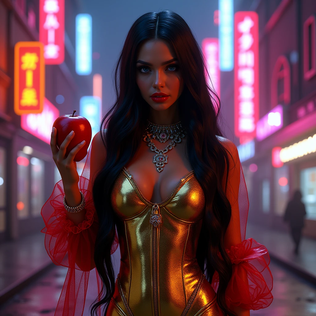 Girl macacão látex gold de frente de pé tênis branco ,Black long hair,Black Queen,accessories,Apple in hand,Poison apples,Witch Queen,Red lipstick , Masterpiece, high quality, high resolution, volumetric lighting, subsurface scattering, 8k, Beautiful woman, (morena olho azul skin), neon sky,cidade futurista neon, látex transparente vermelho, (large butt), large breasts, (long-sleeve blouse), (cotton-shorts:1.2), wavy