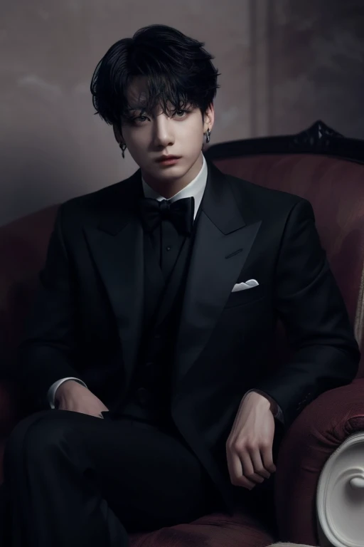 Jungkook short hair, straight, wearing a black formal suit, sitting facing forward in an elegant armchair