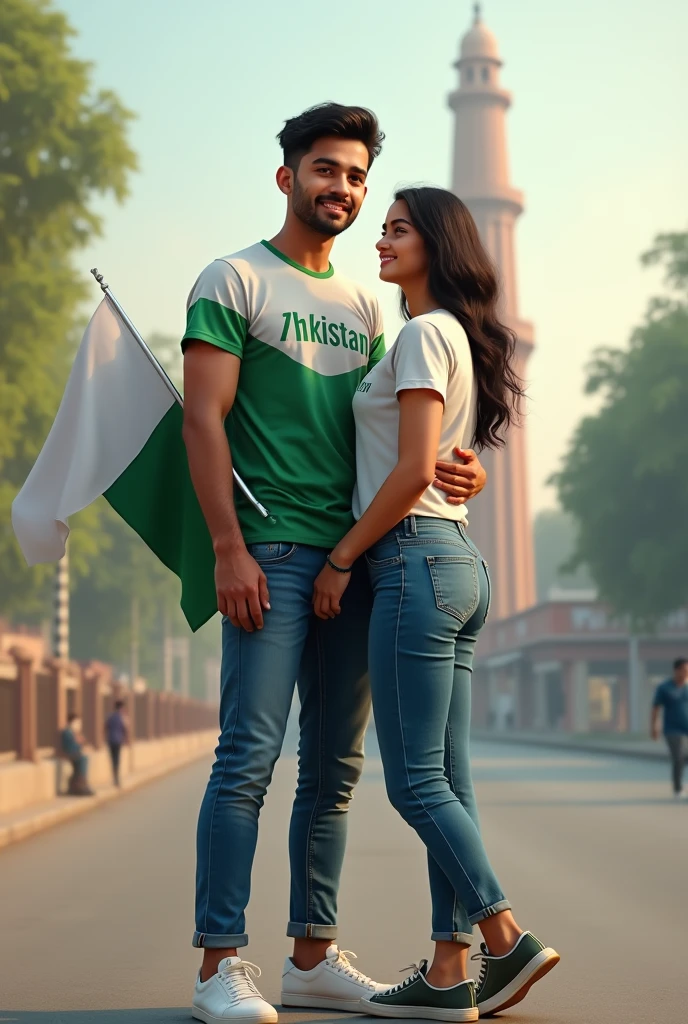 Generate a realistic 20 year old boy, wearing white & Green T shirt and blue jeans and sneakers and the name "Mateen Ansari" and written on his shirt back side and boy is Standing on the road with holding Girlfriend and a national flag of Pakistan, and behind him is the Lahore minare Pakistan . And Girlfriend name is "ArooJ" written on"Shirt back side" create realistic image.