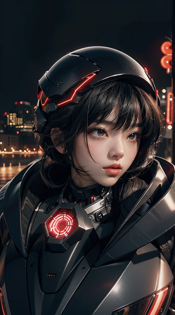 Highest image quality, Excellent details, ultra high resolution, (真实感: 1.4), the best illustration, favor details, highly compressed 1girl, with a delicate and beautiful face, dressed in a black and red mecha with luminance elements, wears a mecha helmet, Holding a direction control, ride a motorcycle, The background is a high-tech light scene of the future city.