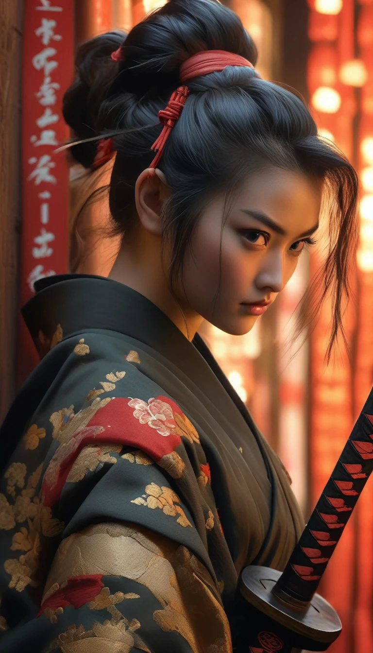 Samurai, 25yo woman, hyperrealism, very detailed skin, 4k,,, AshleyWoodArtAI,, katana profile picture, Organic Painting, night time, Matte Painting, bold shapes, hard edges, street art, trending on artstation, by Huang Guangjian and Gil Elvgren and Sachin Teng, Glow, katana