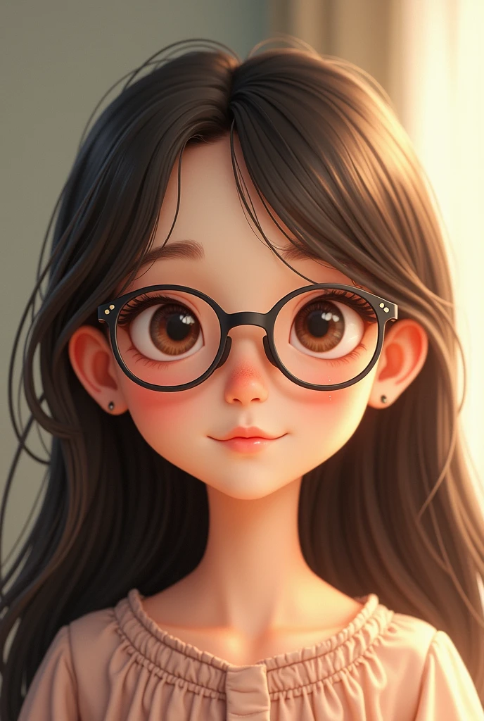 A girl little brown colour having chinese eyes long waist length hair mole on right side of nose , on the same side of neck and chin wearing cute specs 