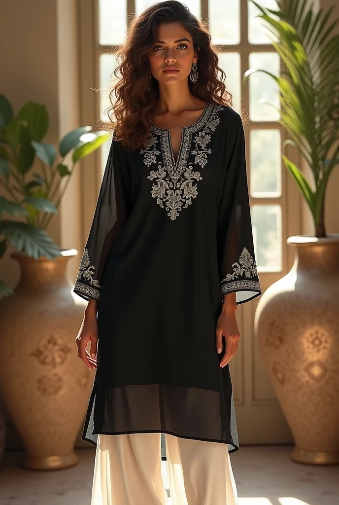A leady standing in relax position wear a black naira cut kurti white heavy print on neck full printed sleeve white pajama pant curly hair brown eyes highlights hair vases background natural light master piece more designs 