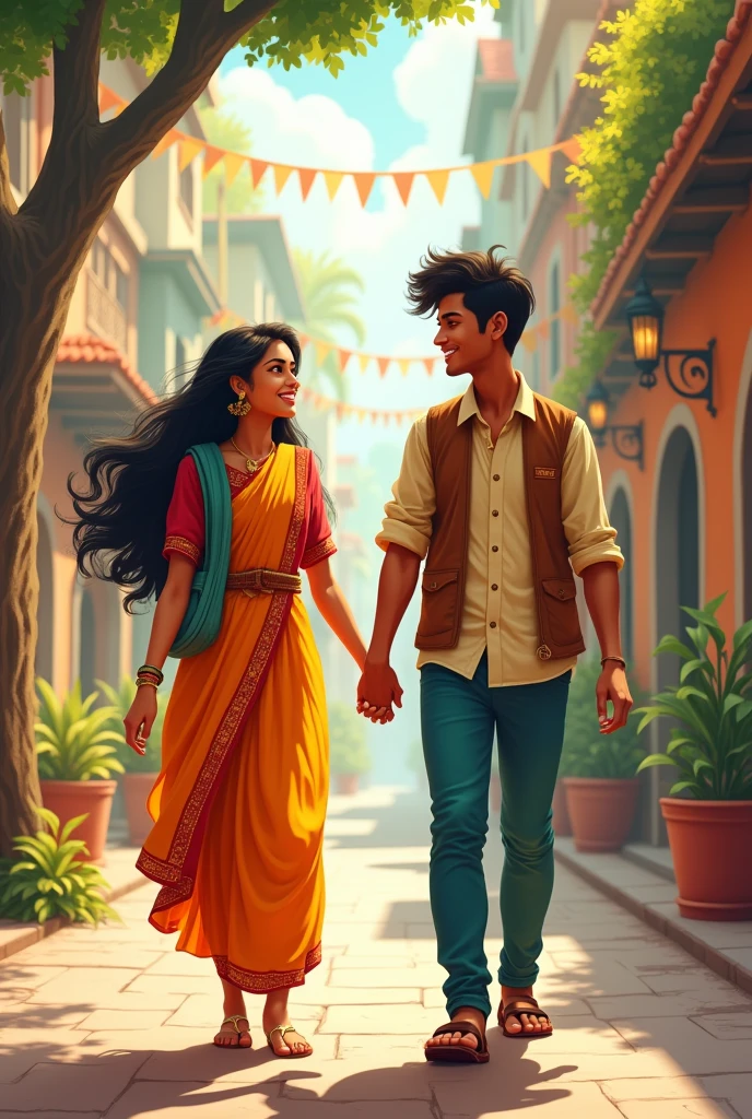 An Indian girl holding hand of indian boy and walking on beautiful street