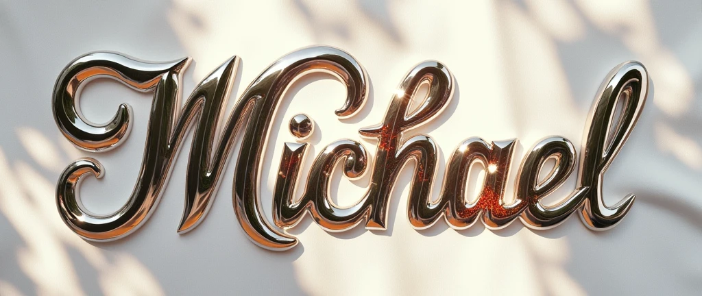 (text:"Michael") The word, in Art Nouveau fancy script text front face view in full sunlight on flat white silk background, shiny bright polished silver chrome with coloured glass decorative insets, tropical reflection on text, art nouveau, flowing shapes and flourishes and bright highlights, lens flare, logo, badge, emblem, insignia, label, photorealistic, extremely detailed, beautiful, unique, epic, cinematic, sparkling,