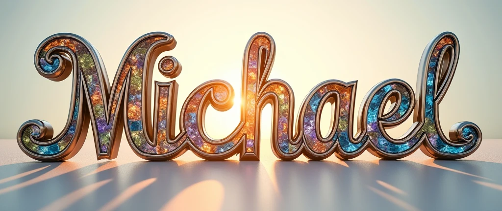 (text:"Michael") The word, in Art Nouveau fancy script text front face view in full sunlight on flat white silk background, shiny bright polished silver chrome with coloured glass decorative insets, tropical reflection on text, art nouveau, flowing shapes and flourishes and bright highlights, lens flare, logo, badge, emblem, insignia, label, photorealistic, extremely detailed, beautiful, unique, epic, cinematic, sparkling,