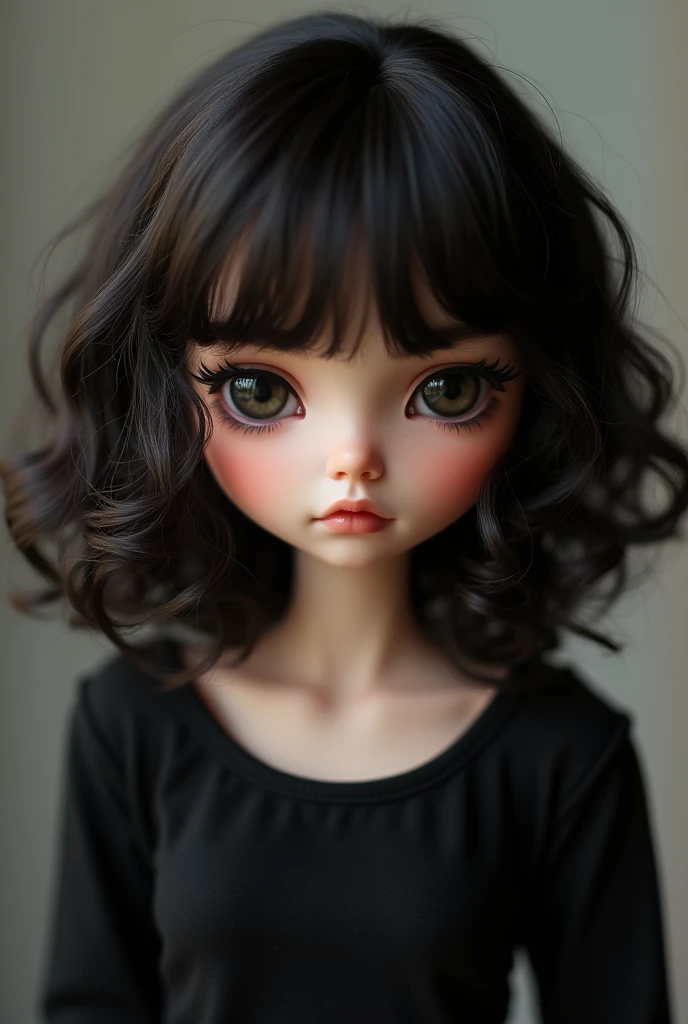 Blythe idol with medium curly hair swith bangs and dark almond shaped eyes, looking at the screen, with fair skin, wearing a black outfit