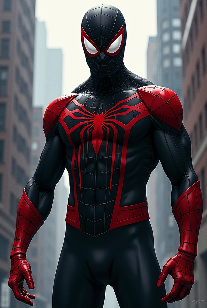 styled: drawning, Spiderman in black and red uniform, in a classic spiderman pose
