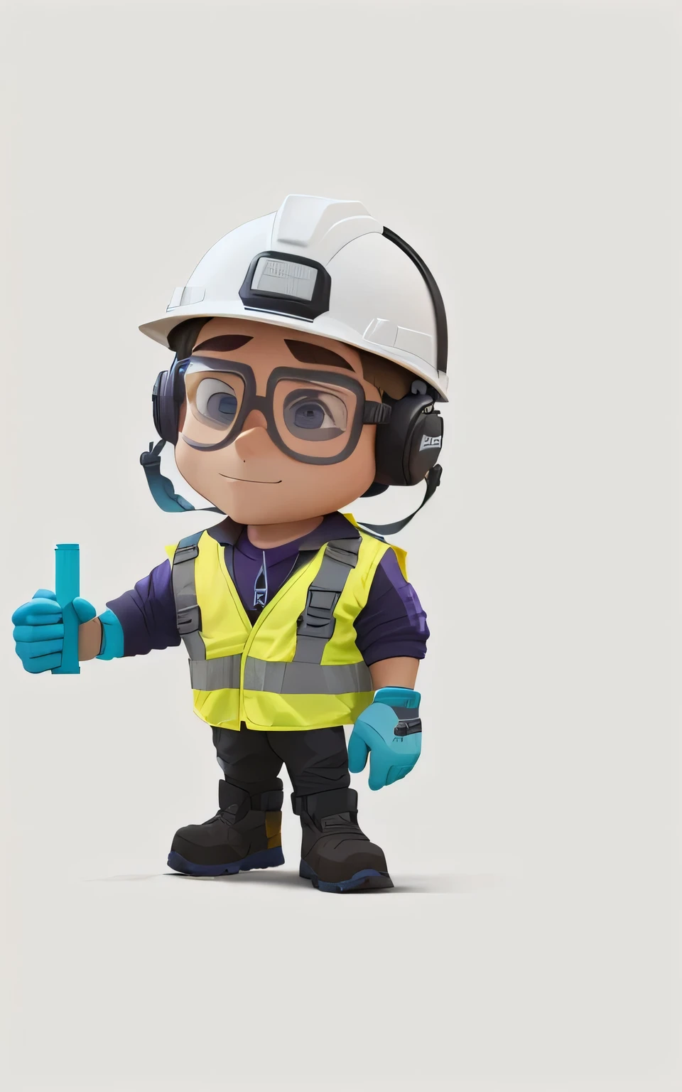 Pixar-style image of a construction worker. The character has fair skin, large and expressive brown eyes. He is wearing a white helmet with the 'RXR Locações' logo, which features bold purple and orange letters. The character also has clear safety glasses and hearing protection. He is dressed in a yellow high-visibility vest with reflective stripes over a gray shirt, gray pants with reflective stripes and safety boots. The overall layout is simple, with the character centered on a plain white background.