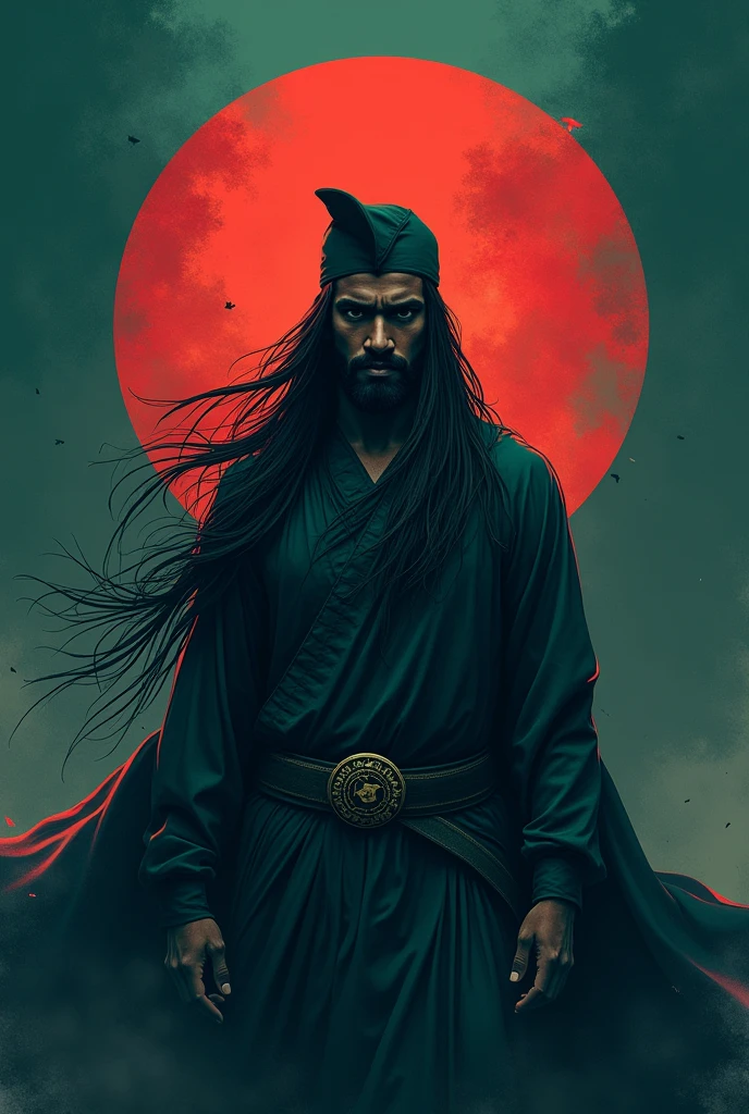 victory 2.0 of bangladesh,A strong man,long hair like muslims,celebrate,no face, Kalima Shahadat cap on the head,cool color,bangladesh flag on left In the middle of the red of the flag is written the Kalima Shahadat of the Muslims as it is written in the middle of the Arab flag,background awesome