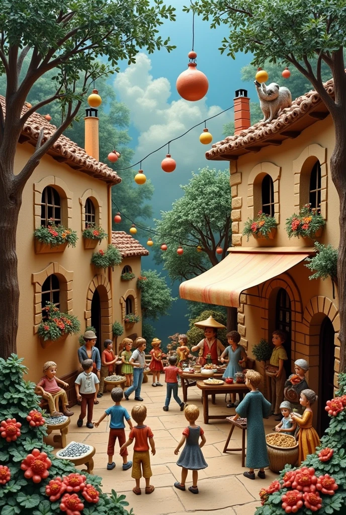 A French post-impressionist painting in the Naïve or Primitive manner of glass ornaments in a tivoli festival diorama cut-though of the place humourous and detailed of various people and animals and happenings