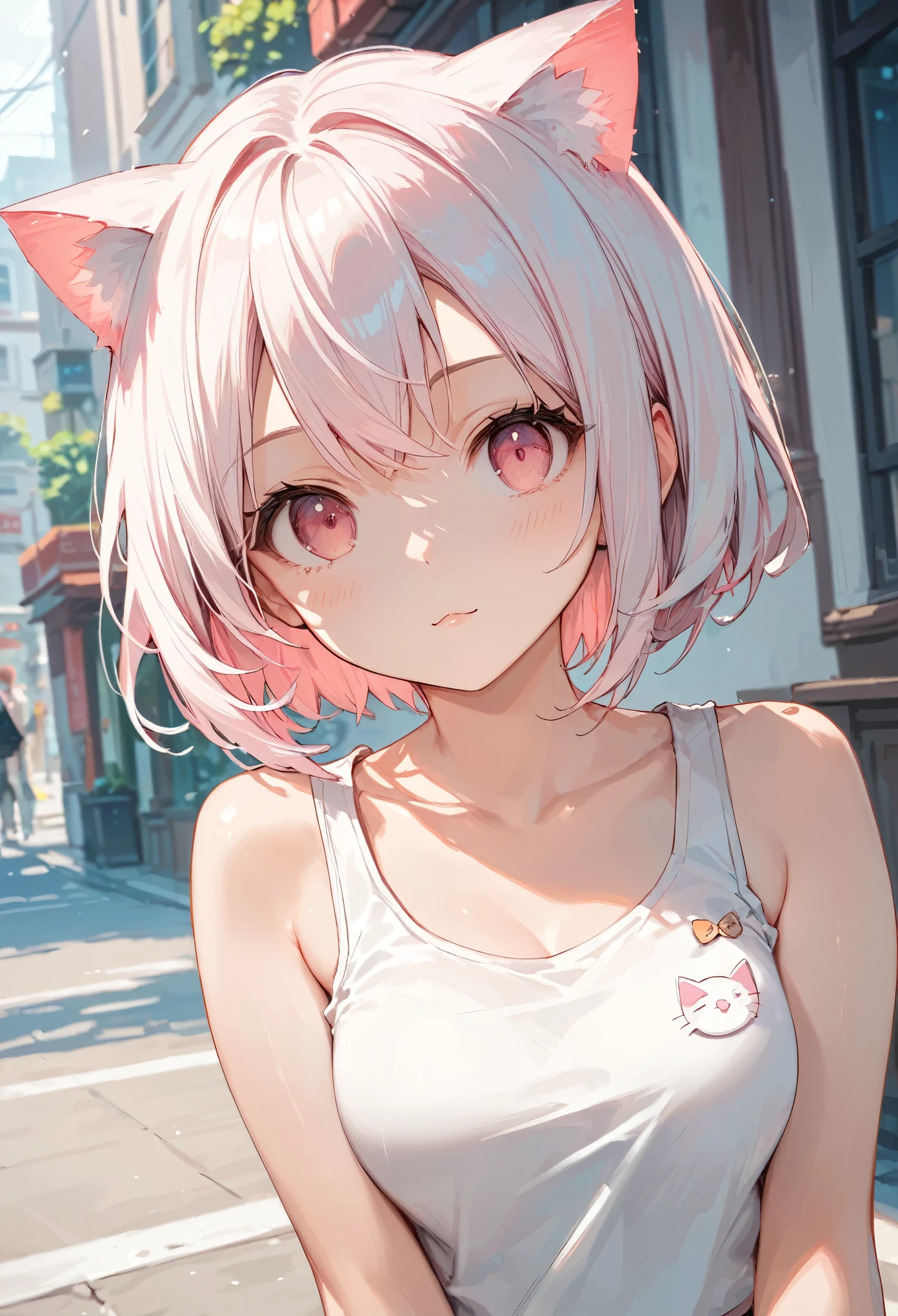 score_9, score_8_up, score_7_up,source_anime, high res image,masterpiece,best quality,girl,cute face,clear_skin,white hair,pink eyes,short hair,cat ears,inner_pink_hair,tanktop,