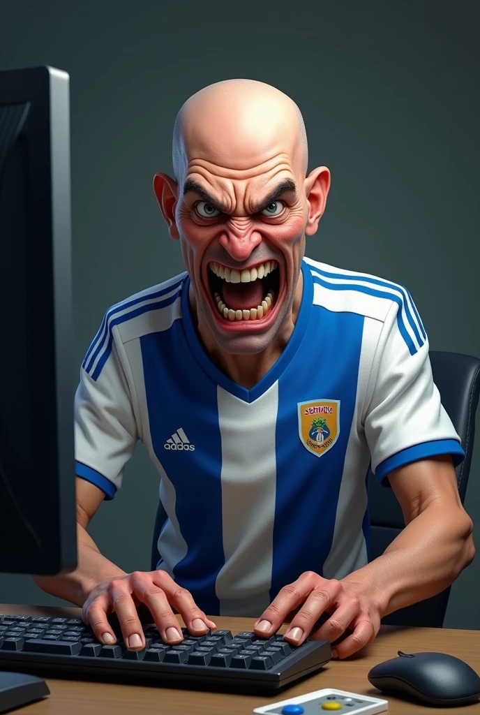 Bald and ugly man, angry with the Botafogo de Futebol e Regatas do Rio de Janeiro shirt in front of the computer and hitting the keyboard
