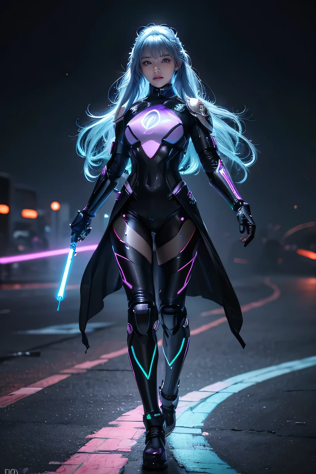 high quality, 8K Ultra HD, full body, have a cyber saber, a mesmerizing 20-year-old woman with a futuristic beauty that seems to transcend time and space, intricately woven into her very being, encased in the cybernetic suit, move with fluidity and precision, Her flowing hair resembles streams of neon lights, casting a vibrant glow that adds a touch of cyberpunk brilliance to her appearance, Each strand of hair is meticulously crafted with holographic patterns that shimmer and shift, creating an ever-changing display of colors, by yukisakura, highly detailed,