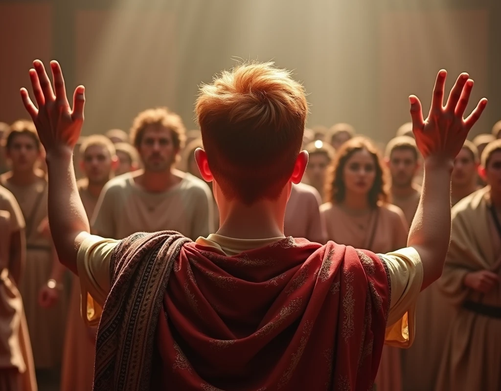 18 year old short haired redhead with his hands up in front of a crowd being elected king of israel 