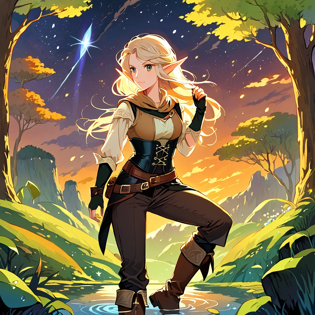 high detail, illustration, poster, movie poster, galadriel from lord of the rings in a white shiny semitransparent lace dress, half submerged in a pond, all kinds of insects surrounding her, she sings with her eyes closed, the forest of middle earth is around her, she lingers on the side, her presence emits an aura of a glowing halo, it is night and the sky is barely seen because of the tree tops hiding it, however a few lightbeams get through the leaves, it is the light of the moon, but it is a blood moon, so everything glows in red and orange and fireflies contribute to the lighting spectacle, (1GIRL), yellow eyes, white hair, (shoulder length hair, BOB CUT, windy hair:1.3), (elf:1.3),(adventurer outfit, fantasy outfit, brown and black outfit, biege blouse, corset vest, PANTS, boots :1.4), fantasy outfit, adventurer outfit,
