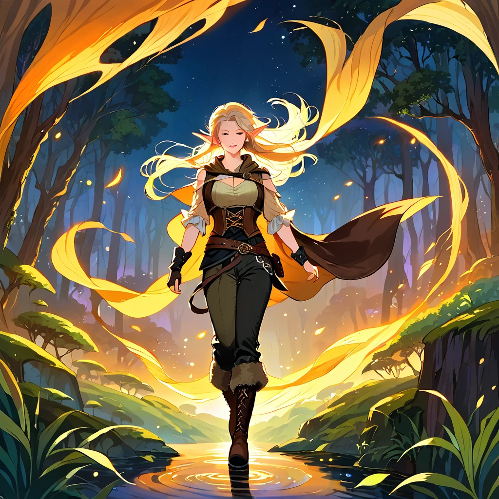 high detail, illustration, poster, movie poster, galadriel from lord of the rings in a white shiny semitransparent lace dress, half submerged in a pond, all kinds of insects surrounding her, she sings with her eyes closed, the forest of middle earth is around her, she lingers on the side, her presence emits an aura of a glowing halo, it is night and the sky is barely seen because of the tree tops hiding it, however a few lightbeams get through the leaves, it is the light of the moon, but it is a blood moon, so everything glows in red and orange and fireflies contribute to the lighting spectacle, (1GIRL), yellow eyes, white hair, (shoulder length hair, BOB CUT, windy hair:1.3), (elf:1.3),(adventurer outfit, fantasy outfit, brown and black outfit, biege blouse, corset vest, PANTS, boots :1.4), fantasy outfit, adventurer outfit,
