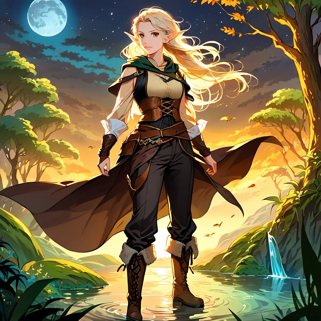 high detail, illustration, poster, movie poster, galadriel from lord of the rings in a white shiny semitransparent lace dress, half submerged in a pond, all kinds of insects surrounding her, she sings with her eyes closed, the forest of middle earth is around her, she lingers on the side, her presence emits an aura of a glowing halo, it is night and the sky is barely seen because of the tree tops hiding it, however a few lightbeams get through the leaves, it is the light of the moon, but it is a blood moon, so everything glows in red and orange and fireflies contribute to the lighting spectacle, (1GIRL), yellow eyes, white hair, (shoulder length hair, BOB CUT, windy hair:1.3), (elf:1.3),(adventurer outfit, fantasy outfit, brown and black outfit, biege blouse, corset vest, PANTS, boots :1.4), fantasy outfit, adventurer outfit,
