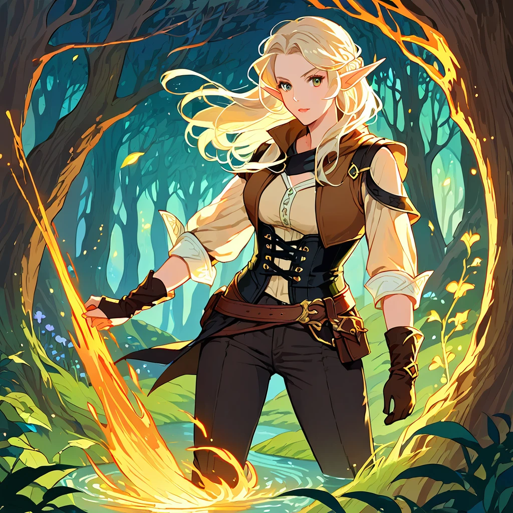 high detail, illustration, poster, movie poster, galadriel from lord of the rings in a white shiny semitransparent lace dress, half submerged in a pond, all kinds of insects surrounding her, she sings with her eyes closed, the forest of middle earth is around her, she lingers on the side, her presence emits an aura of a glowing halo, it is night and the sky is barely seen because of the tree tops hiding it, however a few lightbeams get through the leaves, it is the light of the moon, but it is a blood moon, so everything glows in red and orange and fireflies contribute to the lighting spectacle, (1GIRL), yellow eyes, white hair, (shoulder length hair, BOB CUT, windy hair:1.3), (elf:1.3),(adventurer outfit, fantasy outfit, brown and black outfit, biege blouse, corset vest, PANTS, boots :1.4), fantasy outfit, adventurer outfit,
