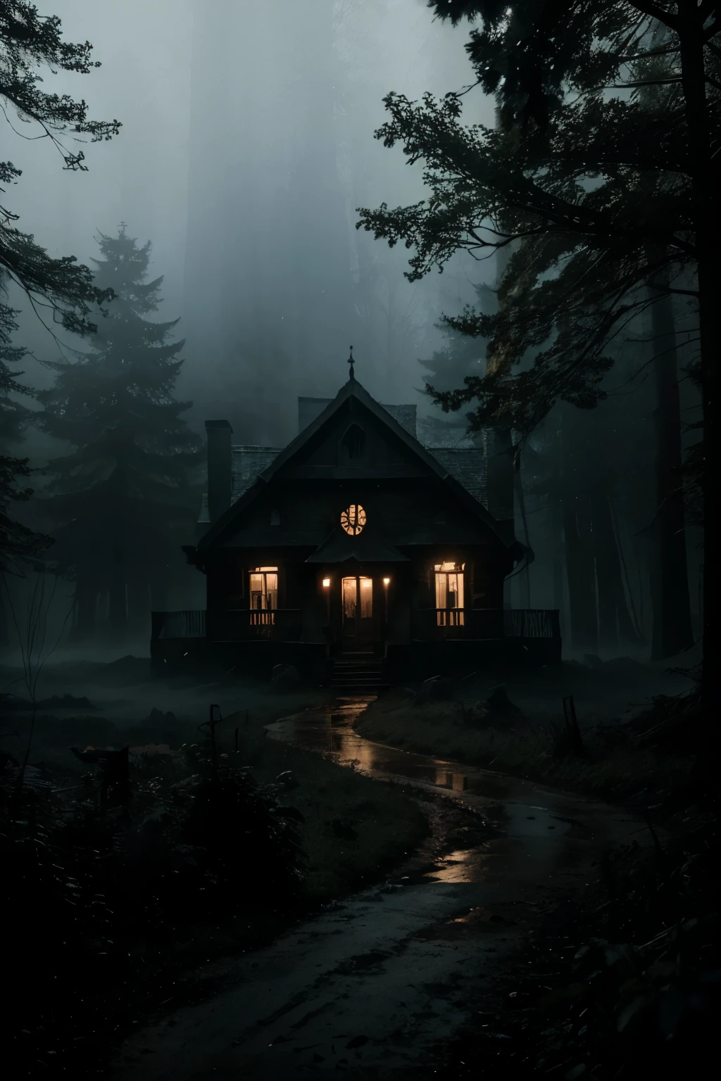 mysterious dark house in dark forest, Starry sky, fear and terror, decline and hopelessness, uneasy atmosphere, dramatic, fog, Dense forest, gloomy, sullen, Muddy Road, cinematic shot, incredibly detailed, high level of detail, professional lighting