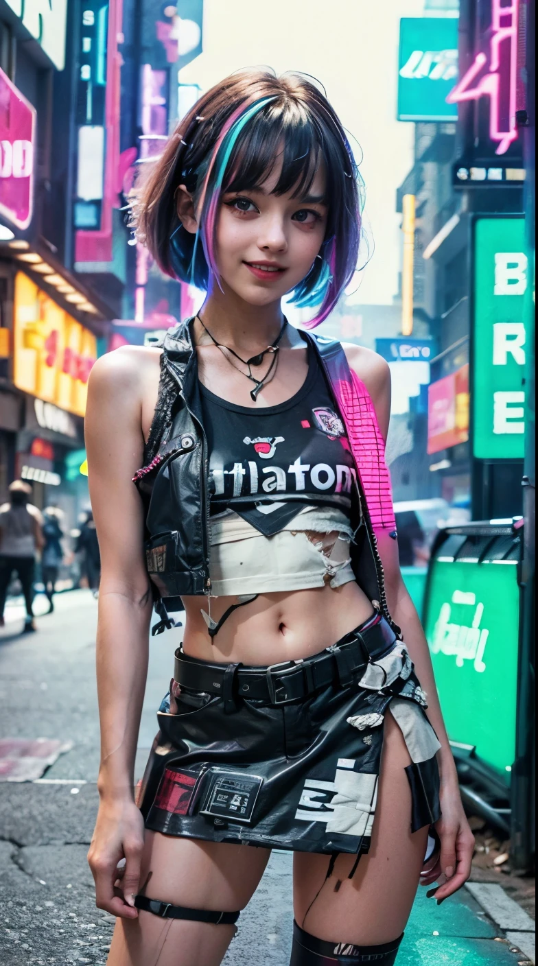 A colorful Bob cut haired punk canadian girl, smooth white skin, innocent look, ************, Ultra high res, uhd, (photorealistic:, cyberpunk outfit, ripped shirt, wink, smiling ear to ear, neon lighting, crop top vest, wearing short skirt, colorful loose socks, full body shot, head to toe, fish eye lens, vogue pose, modelling,