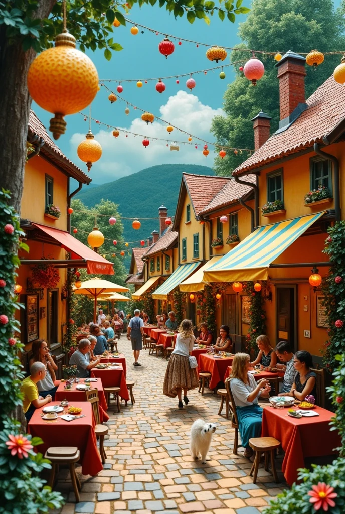 A French post-impressionist painting in the Naïve or Primitive manner of glass ornaments in a tivoli festival diorama cut-though of the place humourous and detailed of various people and animals and happenings