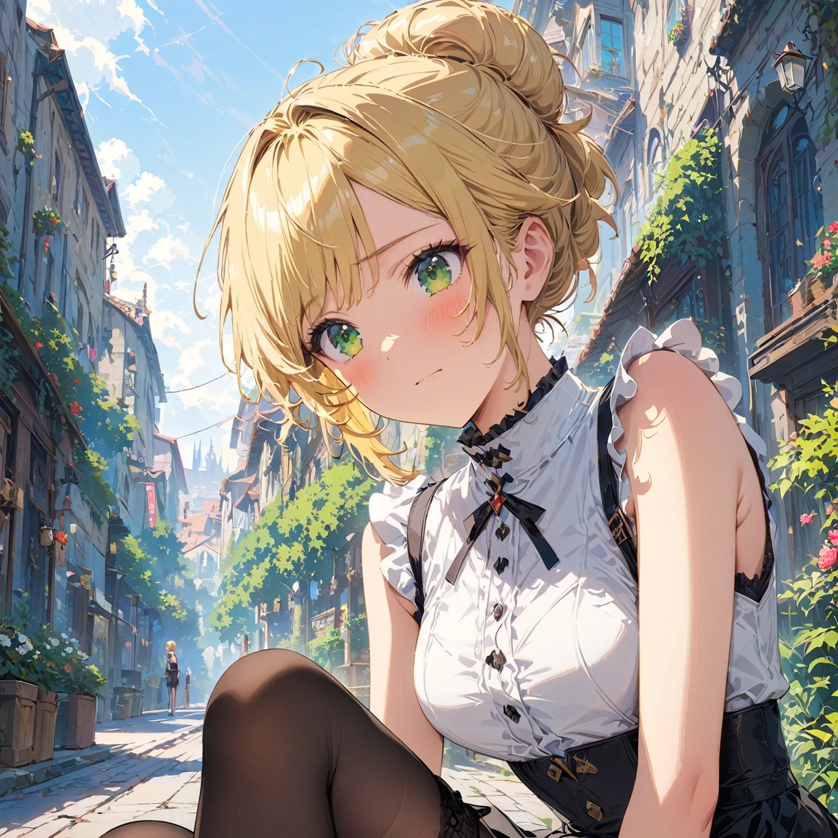 (blond hair, chignon hair, light green eyes, sleeveless shirt white, black skirt, garter stockings) 1 woman, hair up, happy, tired, high detail, conceptual art, super detail, high details, high quality, best quality, green eyes, blonde hair, pretty, tall, emotionless