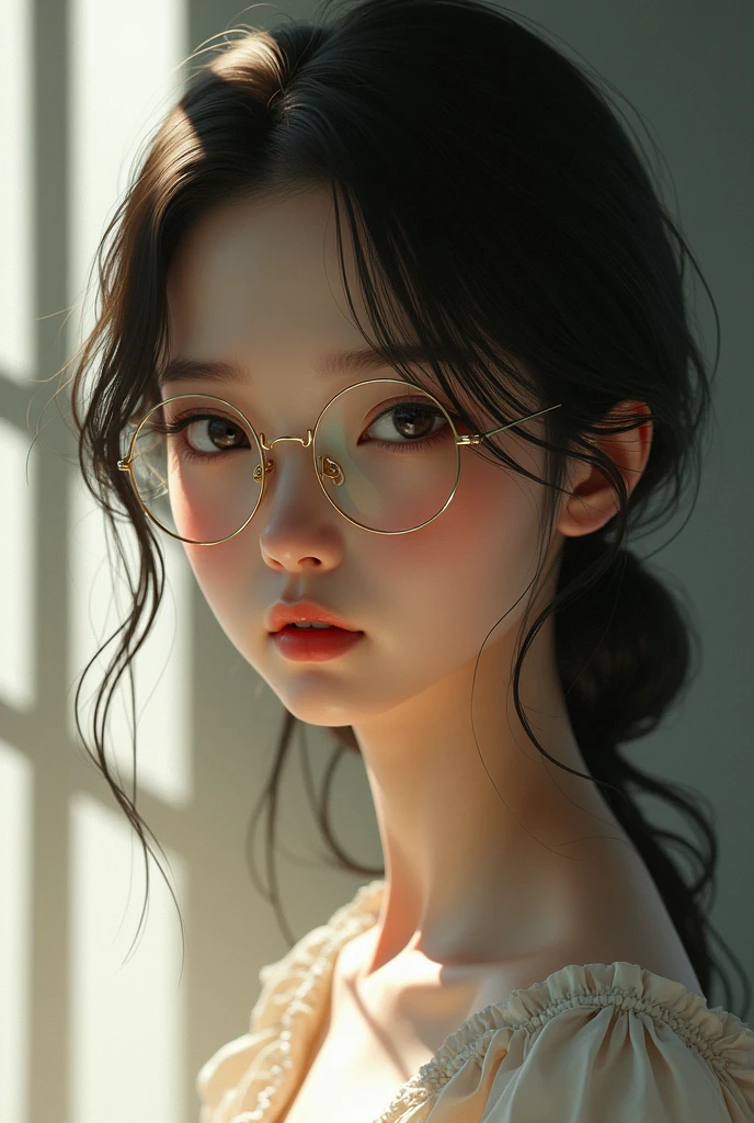 A girl  light brown skin  colour having chinese shape small  eyes, long waist length hair, mole on right side of nose , on the same side of neck and chin wearing specs  