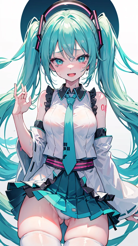 Hatsune Miku,(HD, sharp, fractals), 1 Woman, Super glossy skin, Pure white skin, Dancer of Evil, (crotch tattoo:1.1), Design tights, Evil smile, ahegao, blush, sweat, open mouth, rolling eyes, tears, tongue out, open the thighs, hakama short skirt, shrine maiden outfit,