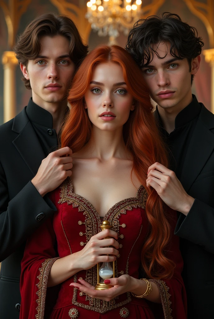 Olena: 20 years old with long reddish-brown hair and hazel eyes. Elegant, fantasy-inspired attire.
Segast: Young man with short brown hair and deep brown eyes. Royal, sophisticated clothing and royal jewellery with a modern touch.
Eugan: Slightly older with intense black eyes and dark hair. Dark, elegant clothing suggesting mystery.
Background: Grand palace with magical and mysterious elements.
Lighting and Mood: Dramatic with high contrast to evoke romance and intrigue.
Composition: Olena in the center holding an hour glass, with Segast and Eugan(holding olean's hair )flanking her, showing tension and interaction.