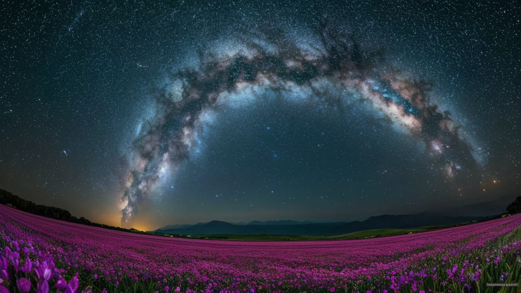 Picture a vast field stretching as far as the eye can see, covered in lush, emerald grass that seems to pulse with an inner light. Scattered across this otherworldly meadow are flowers of every imaginable shape and color, each one a masterpiece of nature's creativity. In the foreground, focus on a cluster of these extraordinary blooms. One flower has petals that look like swirling galaxies, complete with spiral arms and glowing stars. Another resembles a cascade of liquid light, its petals flowing and changing shape in a mesmerizing dance. A third flower appears to be made of pure energy, crackling with tiny lightning bolts between its petals. Floating above these wonders are motes of light, like fireflies made of stardust, weaving complex patterns in the air. The sky above is a tapestry of deep space, with brilliant stars, colorful nebulae, and the majestic arc of the Milky Way stretching from horizon to horizon.