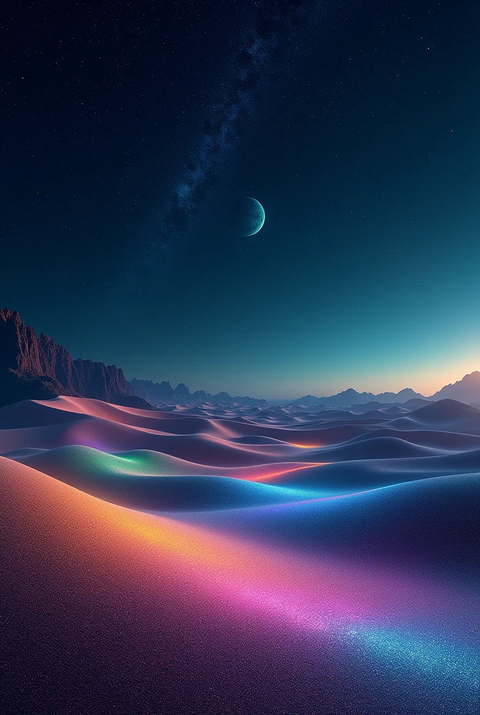 Create a desert at night, with a starry sky and a planet in the background, Let the sand shine with various colors