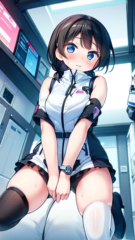 (Highest quality), (masterpiece), 1080P, High resolution, 4K, 8k, Inside the space station、Futuristic room、Thigh straps, Shooting from directly below, The woman on top of me, 白いSweat, Covered , Sweat, Woman looking down, Skirt swimsuit, Thigh-high socks, To achieve this, 16 years old, , whole body, Black leather shoes, Braided hair, Inner Color, Embarrassed face, Short black hair, bracelet, Bedroom,celestial body_Vest