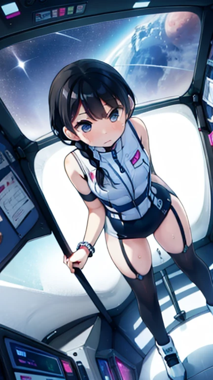(Highest quality), (masterpiece), 1080P, High resolution, 4K, 8k, Inside the space station、Futuristic room、Thigh straps, Shooting from directly below, The woman on top of me, 白いSweat, Covered , Sweat, Woman looking down, Skirt swimsuit, Thigh-high socks, To achieve this, , , whole body, Black leather shoes, Braided hair, Inner Color, Embarrassed face, Short black hair, bracelet, Bedroom,celestial body_Vest