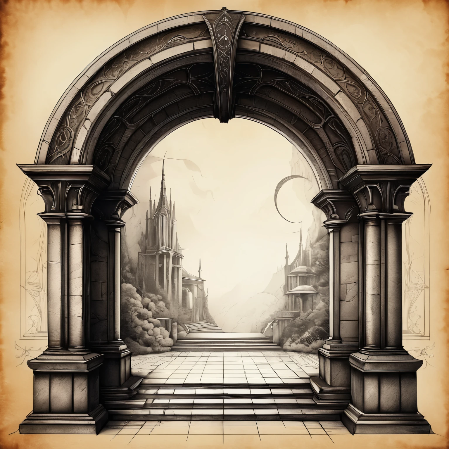 architectural arch, dark fantasy setting, design on a sketch paper 