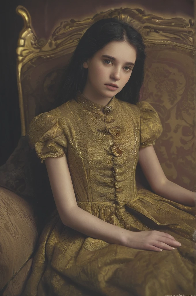 leogirl,RAW photo,realistic,hyperrealistic,photorealistic,high resolution,
masterpiece,best quality,high detail,top quality,asthetic,
An elegant girl 13 years old,long black hair,from the Victorian period,Real skin can see pores,lounging in a golden sofa,wearing the iconic Victorian dress,(vivid colours dress:1.2),(intricated detail dress:1.1),blurred background,upper body,chiaroscuro effect