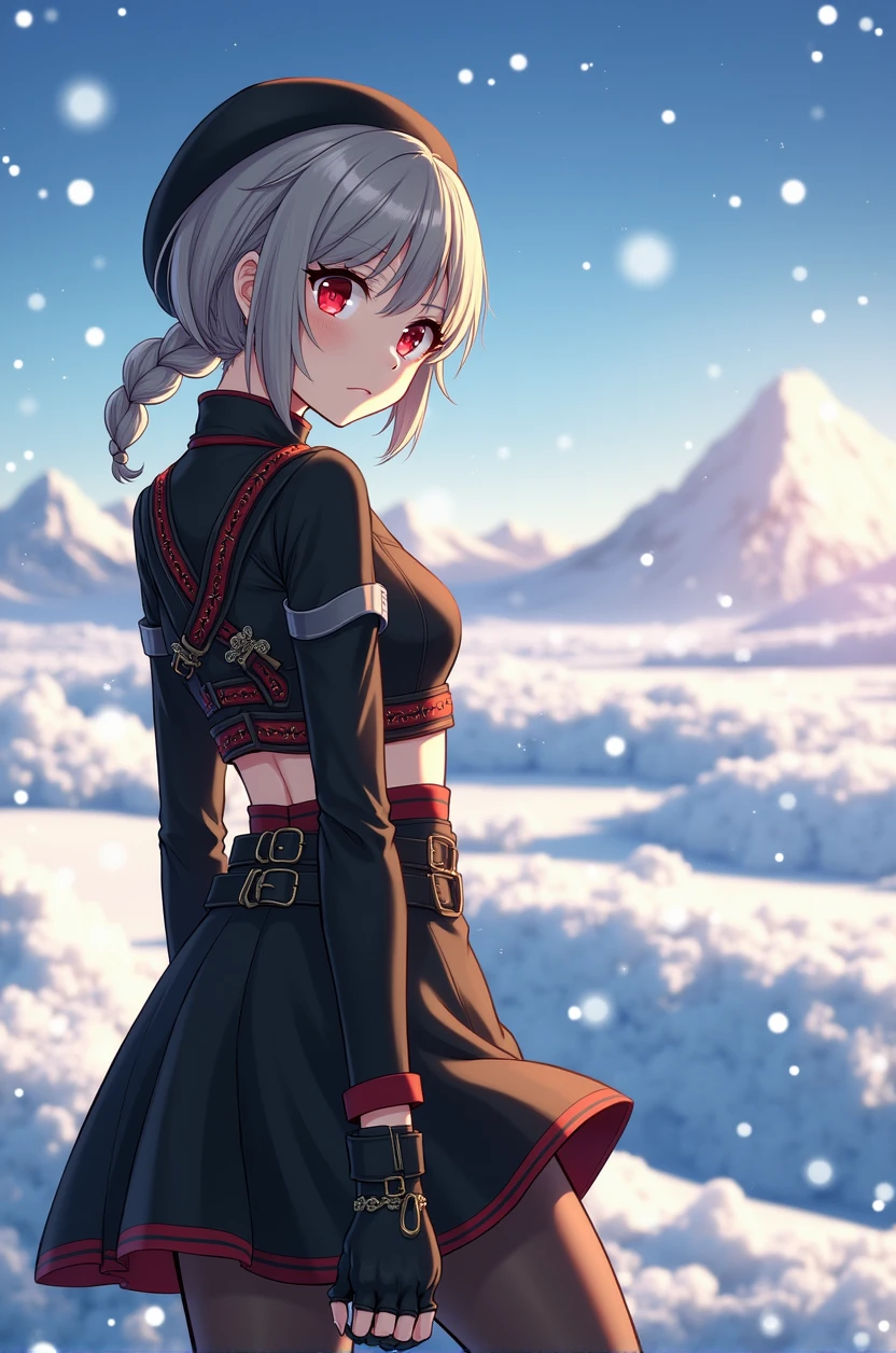 I want to draw a female anime character with short gray hair braided in the back and sharp red eyes. She is wearing a short skirt with a long dress in the back, a black crop top decorated with various belts and gold jewelry, brown leggings, high heeled boots, and a black beret, with a view of a snowy field