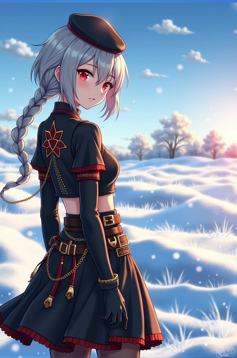 I want to draw a female anime character with short gray hair braided in the back and sharp red eyes. She is wearing a short skirt with a long dress in the back, a black crop top decorated with various belts and gold jewelry, brown leggings, high heeled boots, and a black beret, with a view of a snowy field