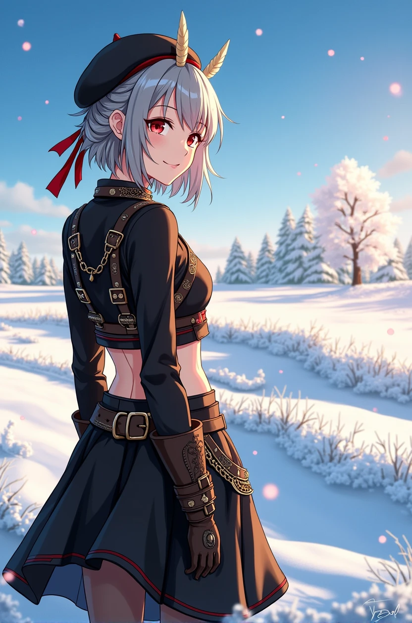 I want to draw a female anime character with short gray hair braided in the back and sharp red eyes. She is wearing a short skirt with a long dress in the back, a black crop top decorated with various belts and gold jewelry, brown leggings, high heeled boots, and a black beret, with a view of a snowy field