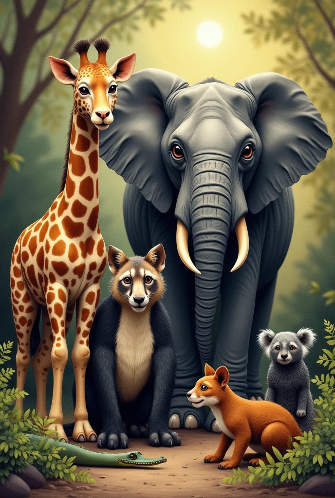 animal´s giraffe, wolf, chimpanzee, elephant, leopard, raccoon, crocodile, hyena, wrthog, squirrel, koala, deer, badger