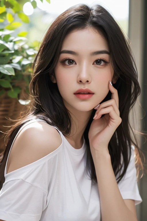 best quality, masterpiece, photorealistic, high, seductive face, shoulder length hair, wearing a deep-necked, short-sleeves tshirt, left finger touching mouth.