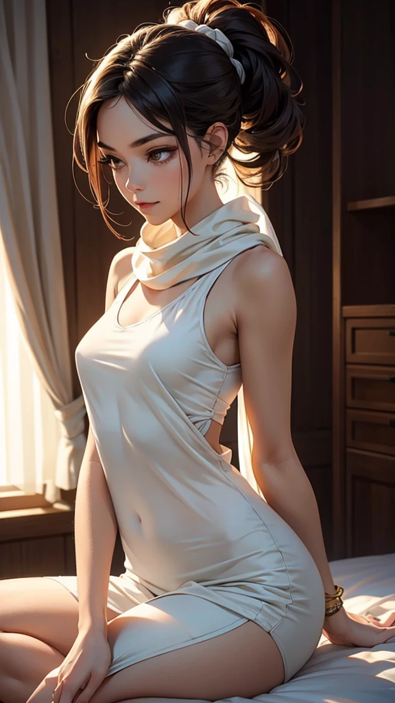 Pose: Woman standing or sitting with both arms gracefully stretched overhead, fingers slightly splayed or interlaced. Her body should be slightly arched, emphasizing the length and elegance of the stretch.
Expression: Serene and peaceful, with a soft, content smile or a relaxed, closed-eye expression.
Attire: Flowing, comfortable attire such as a light dress, yoga wear, or a chic casual outfit that complements the stretch.
Hair: Styled naturally, with loose waves, a sleek ponytail, or straight hair cascading down her back.
Makeup: Soft and natural, with a glowing complexion that enhances her features without overpowering them.
Background: A minimalist setting such as a light-filled room, a tranquil outdoor space, or a simple, neutral backdrop that keeps the focus on the pose.
Lighting: Soft, natural lighting, preferably during golden hour, to create a warm glow and highlight the stretch.
Accessories: Minimal, allowing the focus to remain on the graceful pose. Simple jewelry or a delicate bracelet can add a touch of elegance.
Props: Optional, such as a flowing scarf or light fabric that moves with the stretch, adding a sense of fluidity.
Mood: Calm, graceful, and rejuvenated.