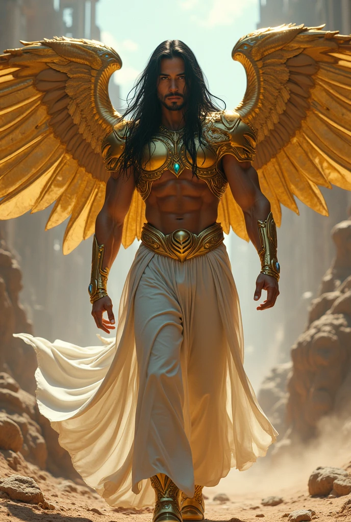 (best quality,4k,8k,highres,masterpiece:1.2),ultra-detailed,(realistic,photorealistic,photo-realistic:1.37),intricate detailed cybenchanting male Archangel, Japanese man features mechanical , desert setting, Marvel superhero style, handsomely beautiful detailed eyes, in his mid-30s with a strong Japanese features appearance, long flowing black hair, built in shimmery gold-plated armor, enchanting on his shoulders and chest, body and large wings gold and white on his back. shimmery gold and white outfit , large wings. He has chiseled abs, a muscular build, and large biceps, standing at 11'8" tall. The image should capture Chamuel the Archangel man walking throughout desert, with an ethereal glow and serene beauty, extremely detailed face and eyes, emerald blue eyes long eyelashes, futuristic scene, glowing neon lights, advanced technology, gritty industrial environment, moody lighting, dramatic shadows