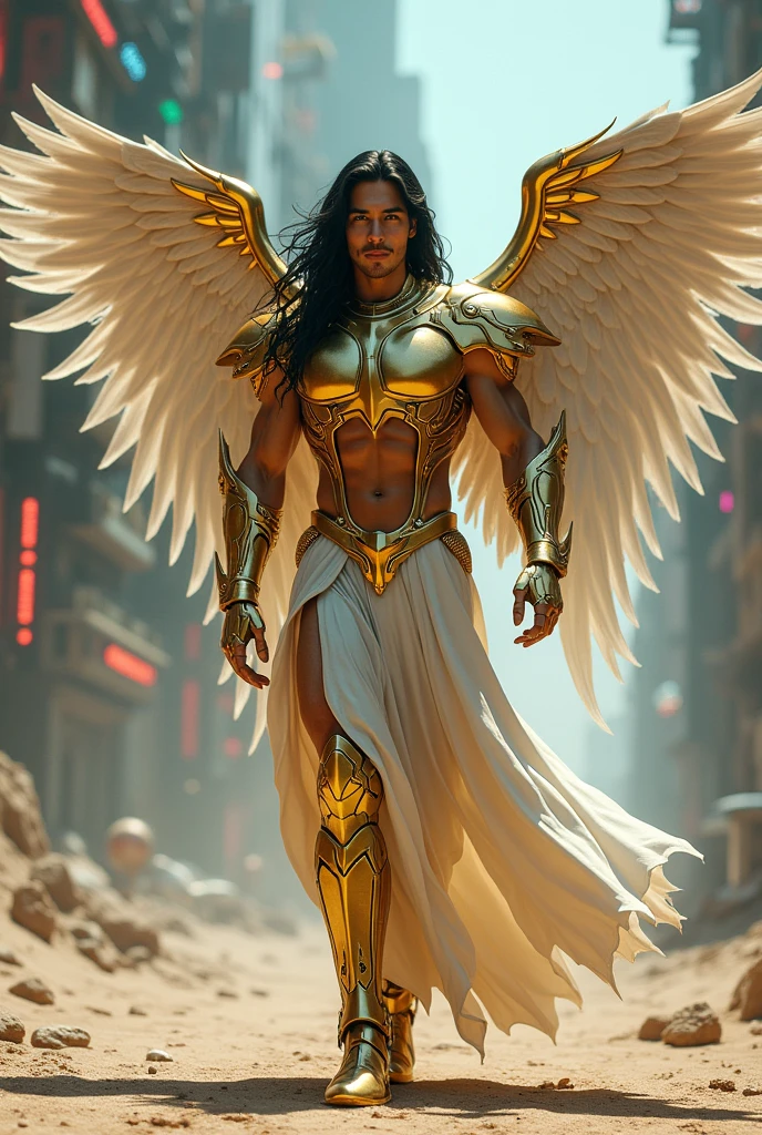 (best quality,4k,8k,highres,masterpiece:1.2),ultra-detailed,(realistic,photorealistic,photo-realistic:1.37),intricate detailed cybenchanting male Archangel, Japanese man features mechanical , desert setting, Marvel superhero style, handsomely beautiful detailed eyes, in his mid-30s with a strong Japanese features appearance, long flowing black hair, built in shimmery gold-plated armor, enchanting on his shoulders and chest, body and large wings gold and white on his back. shimmery gold and white outfit , large wings. He has chiseled abs, a muscular build, and large biceps, standing at 11'8" tall. The image should capture Chamuel the Archangel man walking throughout desert, with an ethereal glow and serene beauty, extremely detailed face and eyes, emerald blue eyes long eyelashes, futuristic scene, glowing neon lights, advanced technology, gritty industrial environment, moody lighting, dramatic shadows