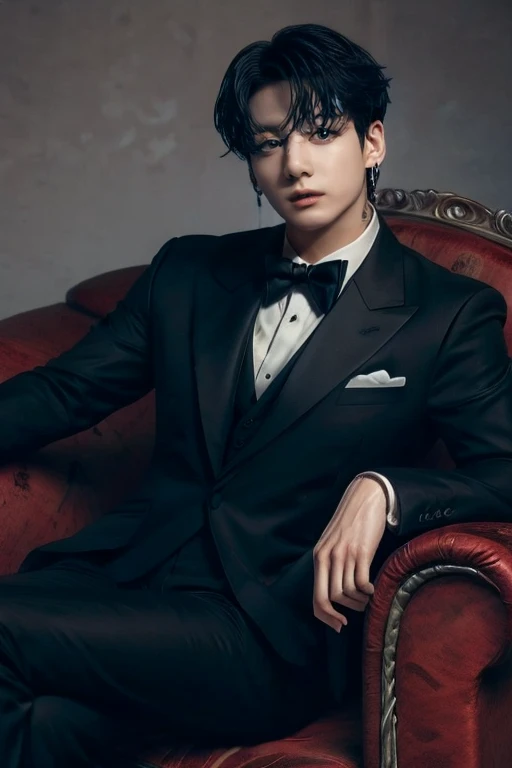 Jungkook short hair, straight, wearing a black formal suit, sitting facing forward in an elegant armchair