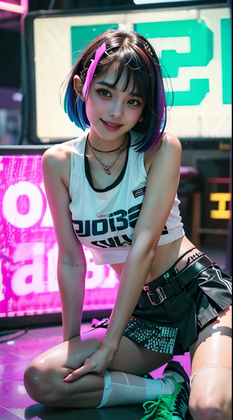 A colorful Bob cut haired punk canadian girl, smooth white skin, innocent look, , Ultra high res, uhd, photorealistic, cyberpunk outfit, ripped shirt, wink, smiling ear to ear, neon lighting, crop top vest, wearing short skirt, colorful loose socks, full body shot, beautiful legs, fish eye lens, vogue pose, modelling,