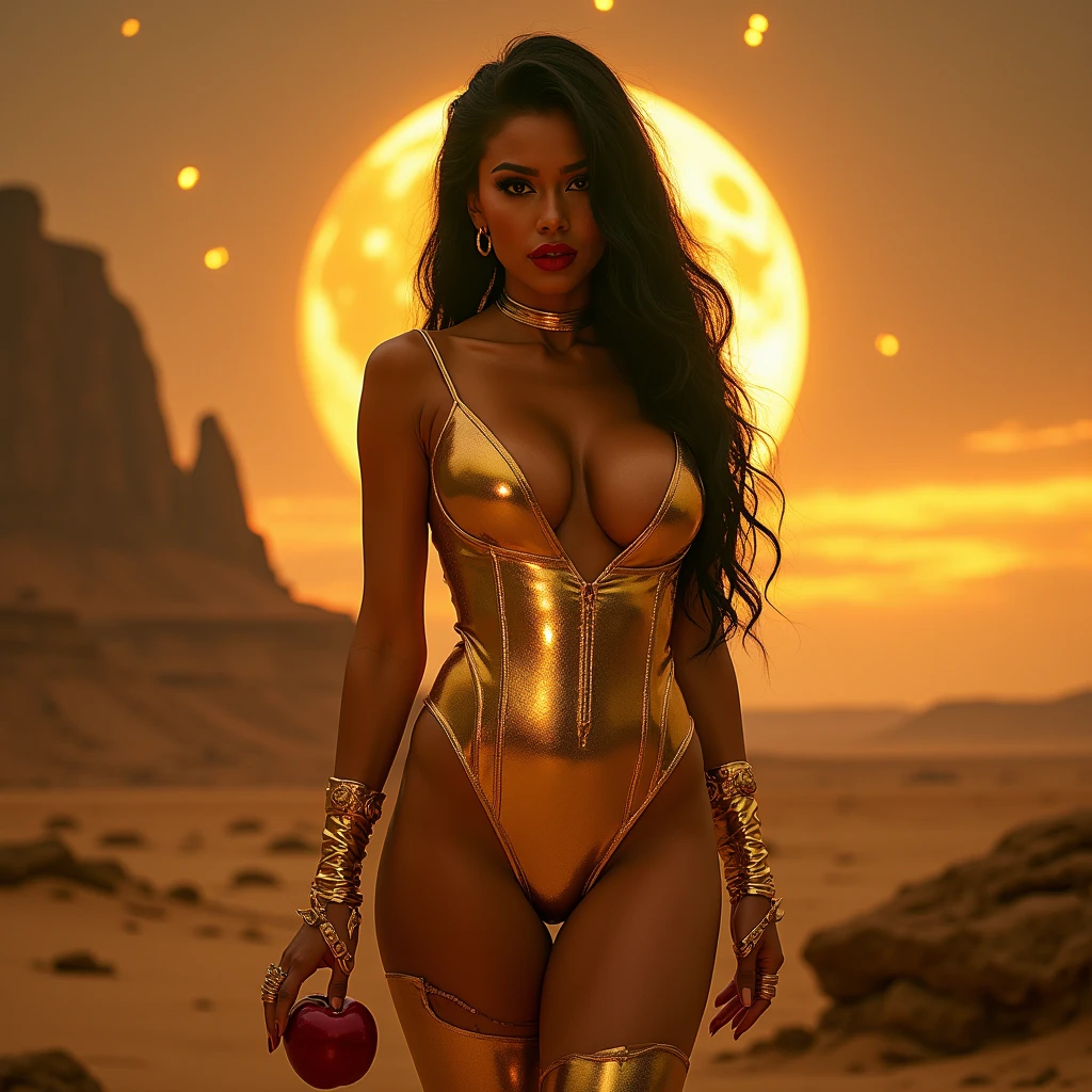 Girl macacão látex gold de frente de deserted gold planet landscape, COSMO NEON in the sky gold, friendly, inviting, looking at viewer, muscular arms, muscular abs, athletic body, pussy, huge breasts, detailed, raw photo, photorealistic, professional photograph, attractive, stunning, cinematic, intricate, artistic, highly complimentary colors, perfect compositioné tênis branco ,Black long hair,Black Queen,accessories,Apple in hand,Poison apples,Witch Queen,Red lipstick , Masterpiece, high quality, high resolution,