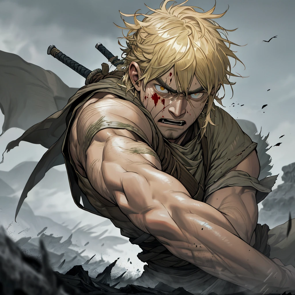 Create a 2D illustration of Thorfinn from *Vinland Saga* engaged in a fierce, bloody battle. Thorfinn is in the center of the action, wielding his sword with intense focus and determination. His expression is a mix of rage and resolve, with blood and sweat streaking down his face. Surround him with chaos: fallen warriors, clashing swords, and splattered blood, all set against a dark, war-torn landscape. The atmosphere should convey the brutality and intensity of the conflict."