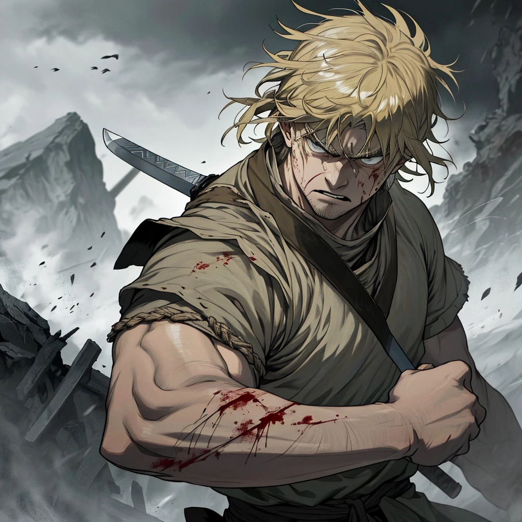Create a 2D illustration of Thorfinn from *Vinland Saga* engaged in a fierce, bloody battle. Thorfinn is in the center of the action, wielding his sword with intense focus and determination. His expression is a mix of rage and resolve, with blood and sweat streaking down his face. Surround him with chaos: fallen warriors, clashing swords, and splattered blood, all set against a dark, war-torn landscape. The atmosphere should convey the brutality and intensity of the conflict."