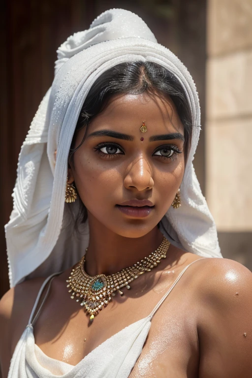 a beautiful indian woman in a white towel bathing, detailed face and eyes, detailed skin, intricate jewelry, serene expression, warm lighting, photorealistic, 8k, (best quality,4k,8k,highres,masterpiece:1.2),ultra-detailed,(realistic,photorealistic,photo-realistic:1.37),HDR,studio lighting,vivid colors,cinematic
